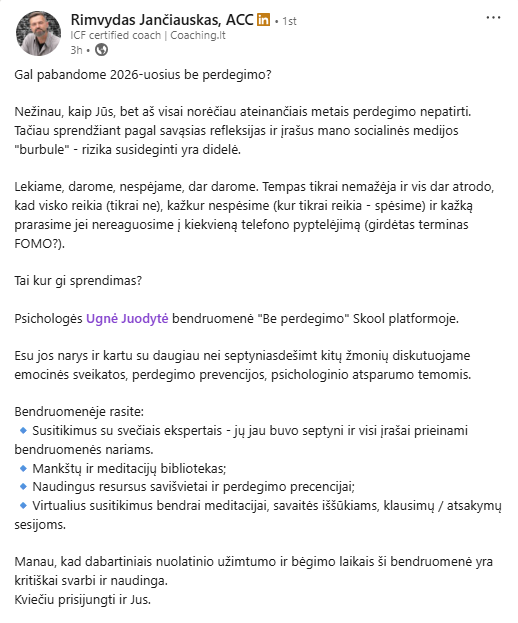 Rimvydas Jančiauskas atsiliepimas apie Be Perdegimo bendruomenę